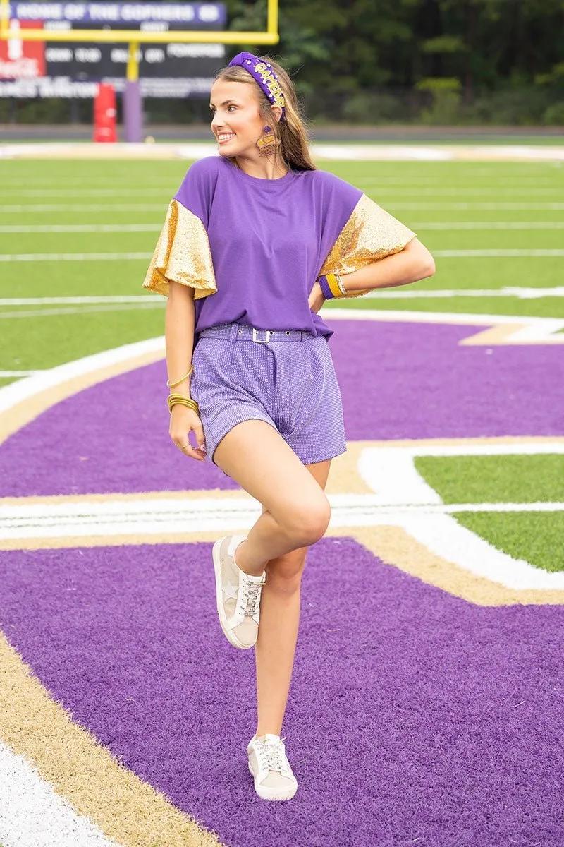 75% OFF DEAL DROP! Saturday Shimmer Purple Crystal Belted Shorts