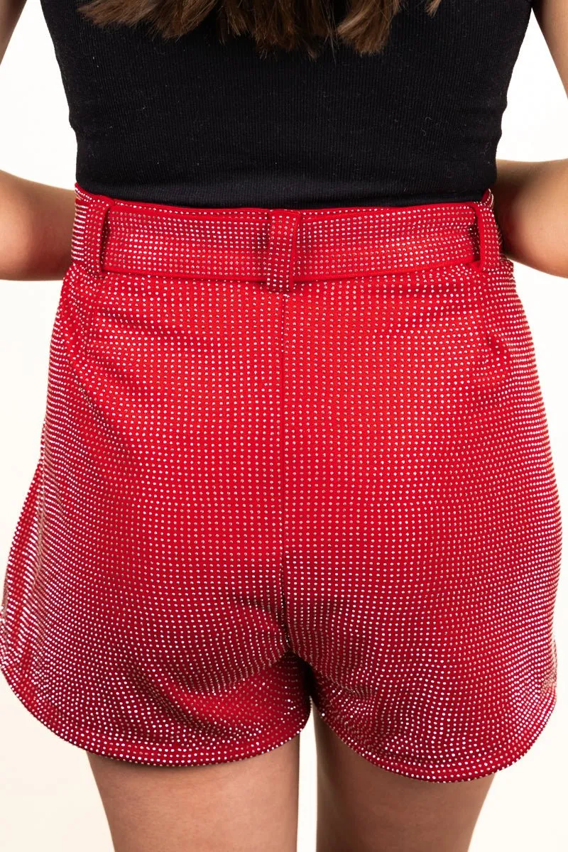 75% OFF DEAL DROP! Saturday Shimmer Red Crystal Belted Shorts
