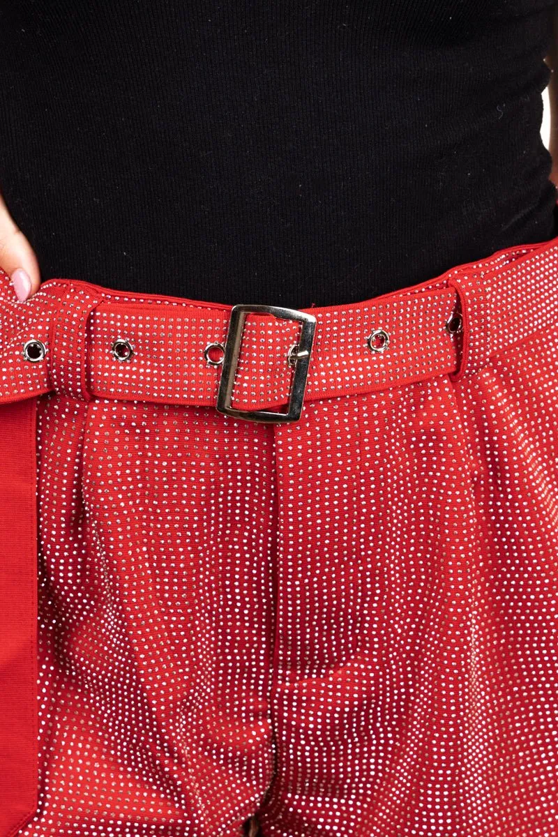 75% OFF DEAL DROP! Saturday Shimmer Red Crystal Belted Shorts
