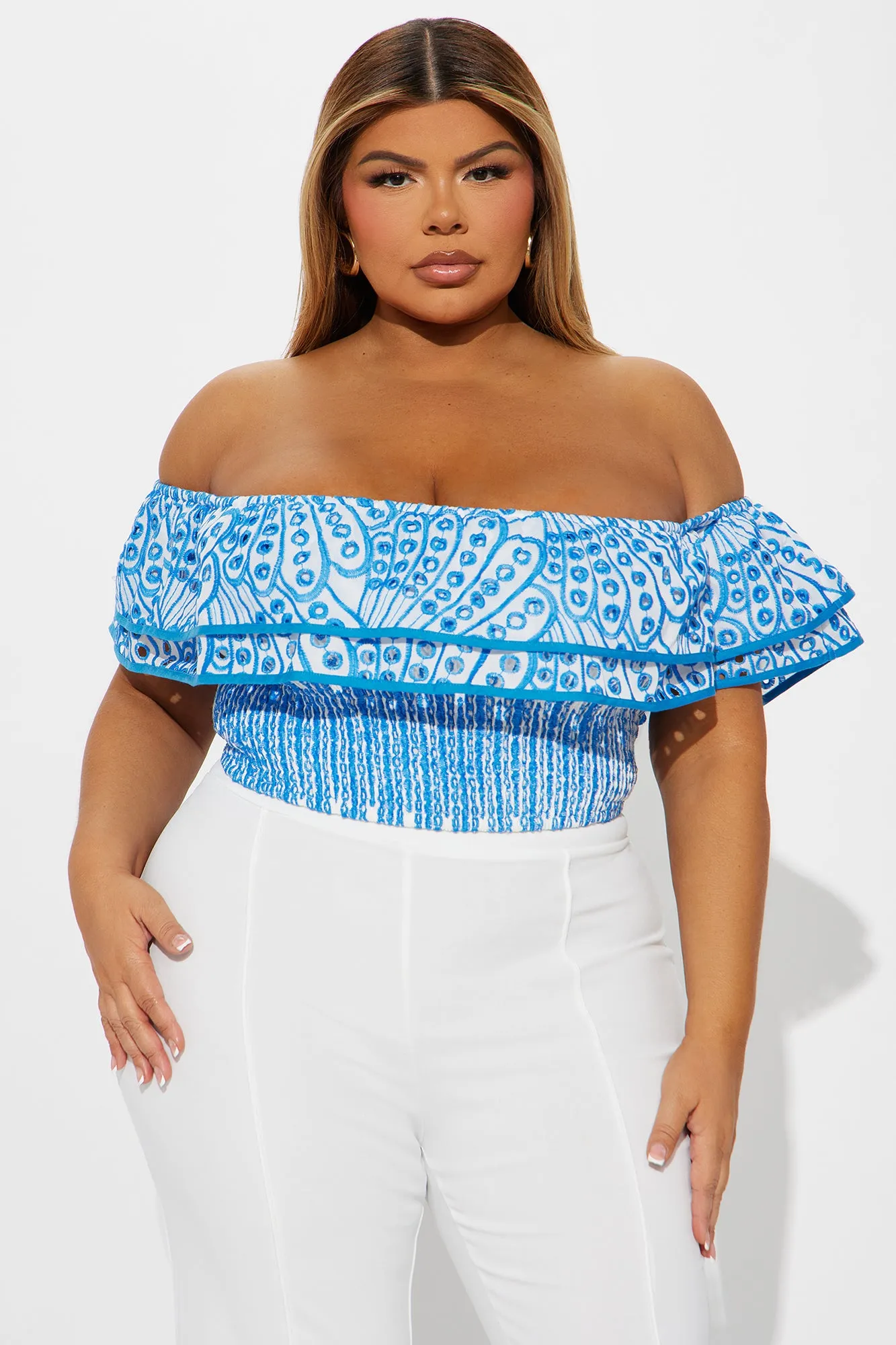 Baecation Off Shoulder Top - Blue/combo