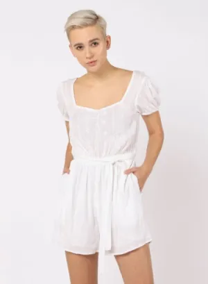 Black Tape Puff Sleeve Eyelet Romper