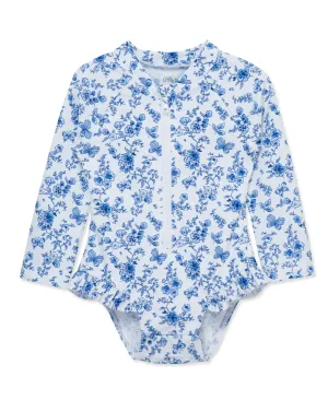 Blue Floral One-Piece Rashguard Swimsuit (2T-4T)