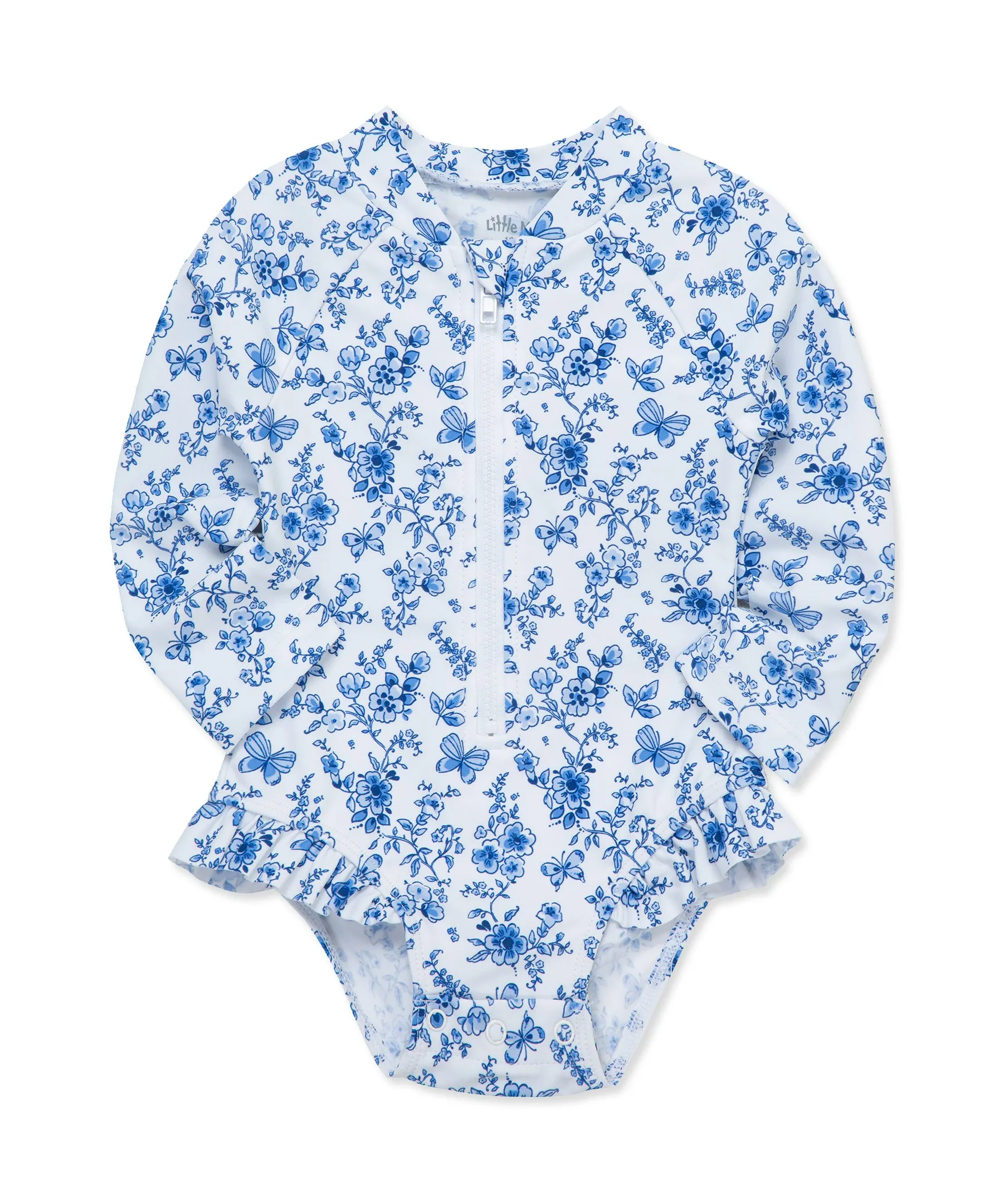 Blue Floral One-Piece Rashguard Swimsuit (2T-4T)