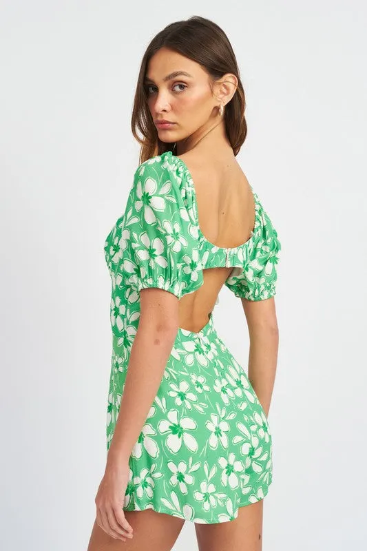 Bubble Sleeve Green Floral Cut Out Shorts Romper