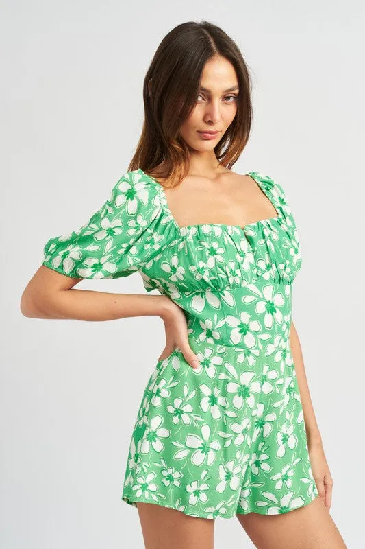 Bubble Sleeve Green Floral Cut Out Shorts Romper