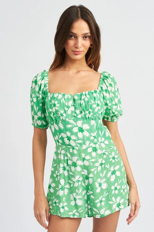 Bubble Sleeve Green Floral Cut Out Shorts Romper