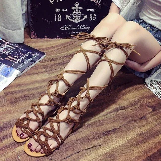 Chicvane Hollow Out Crisscross Straps Knee High Gladiator Sandals