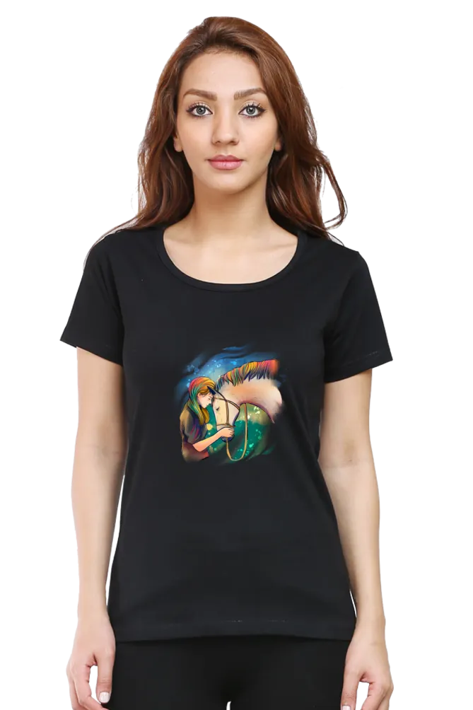 Colorful Horse Printed Scoop Neck T-shirt for women