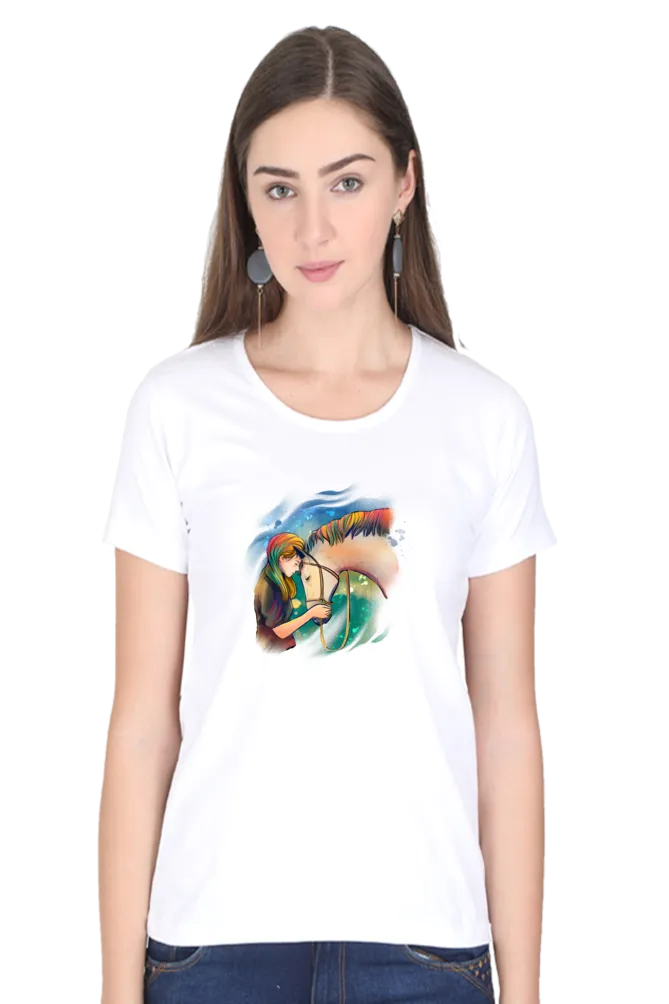 Colorful Horse Printed Scoop Neck T-shirt for women