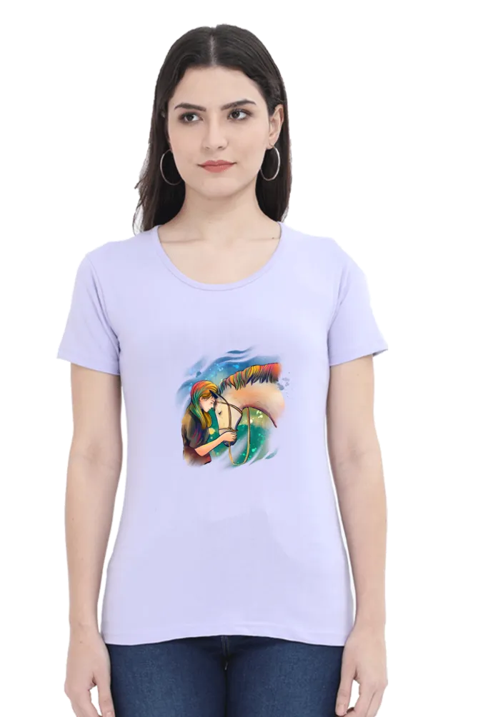 Colorful Horse Printed Scoop Neck T-shirt for women