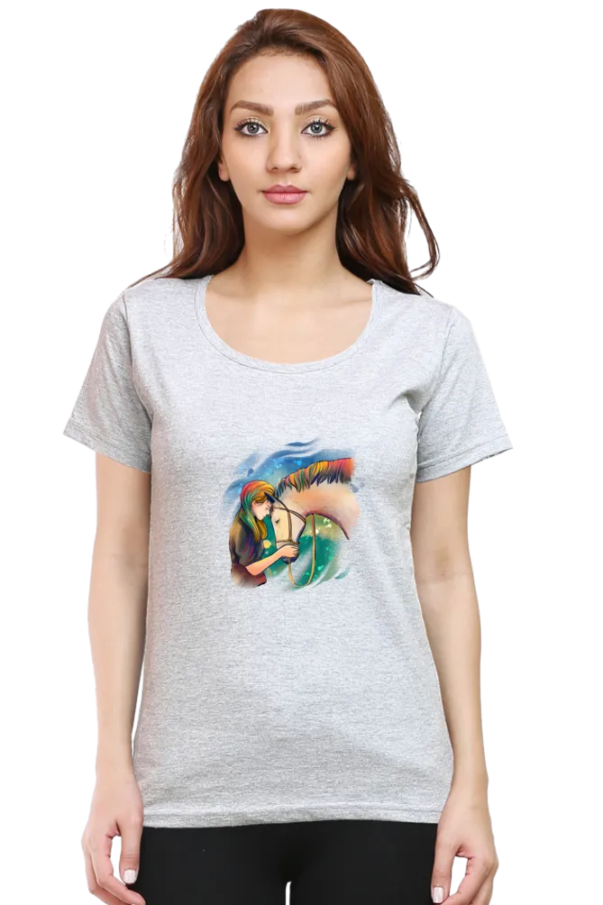 Colorful Horse Printed Scoop Neck T-shirt for women