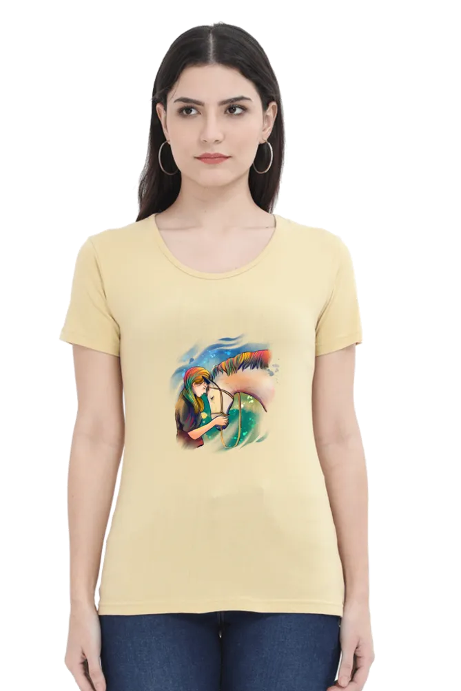 Colorful Horse Printed Scoop Neck T-shirt for women