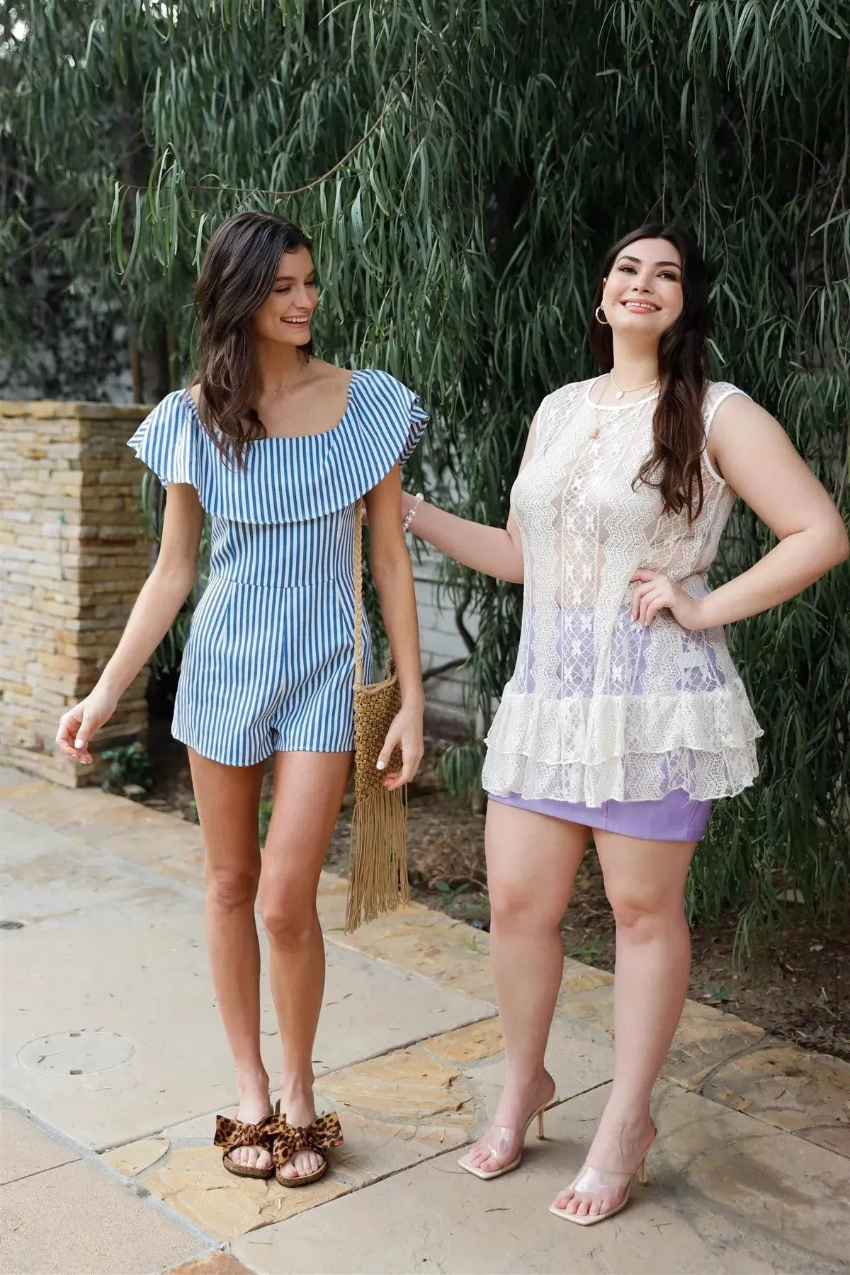 Cream & Blue Striped Cotton Ruffle Collar Romper /1-2-2-1