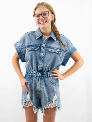 Distressed Cinch Waist Denim Romper