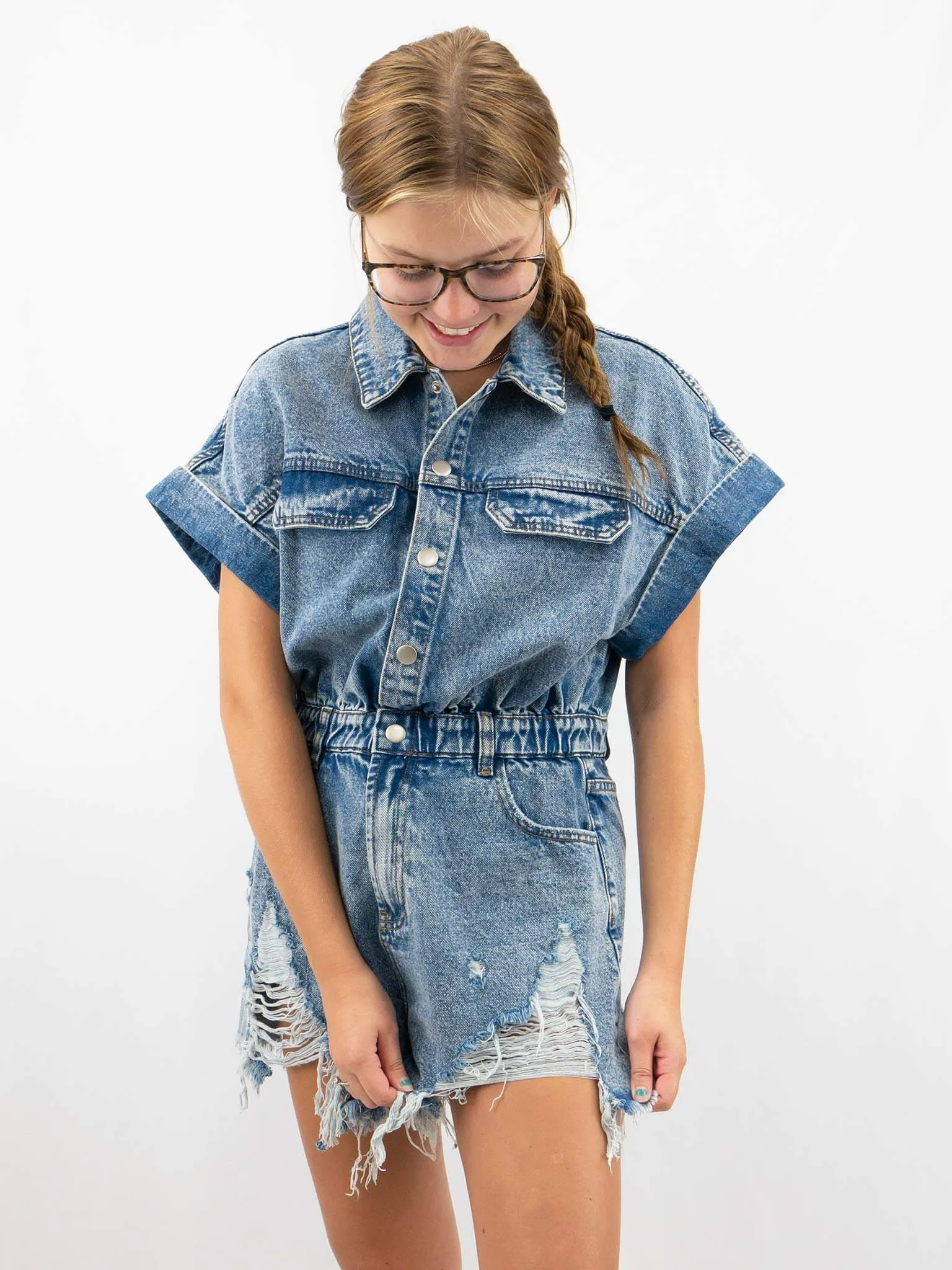 Distressed Cinch Waist Denim Romper