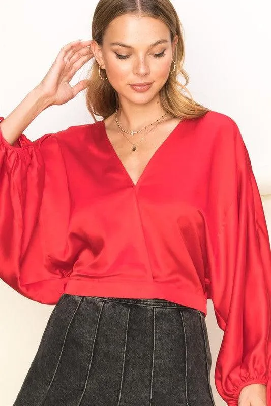 drawstring sleeve satin surplice blouse