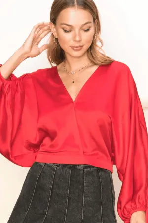 drawstring sleeve satin surplice blouse
