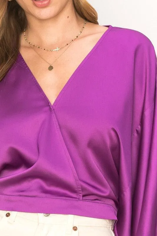 drawstring sleeve satin surplice blouse