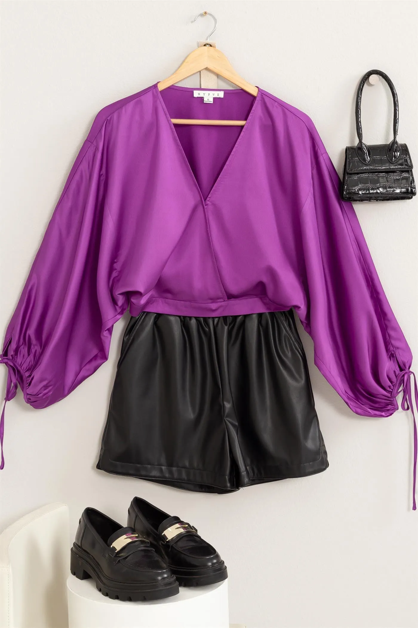drawstring sleeve satin surplice blouse