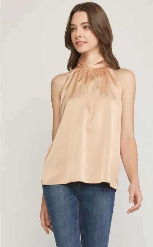 Eye on You Solid Mock Neck Sleeveless Top - Taupe