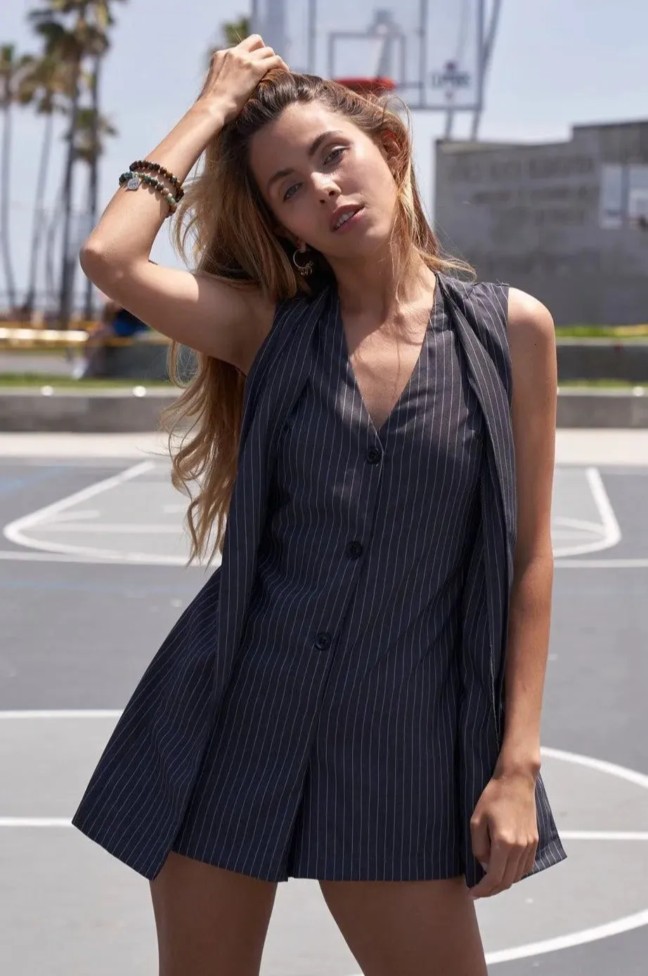 Grey Stripe Button Down Sleeveless Elegant Romper