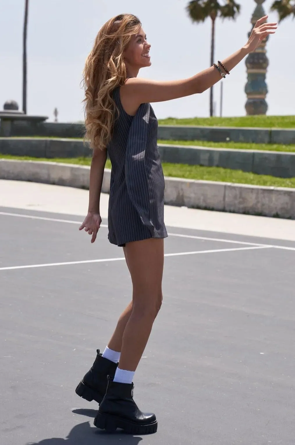 Grey Stripe Button Down Sleeveless Elegant Romper