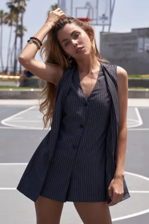 Grey Stripe Button Down Sleeveless Elegant Romper