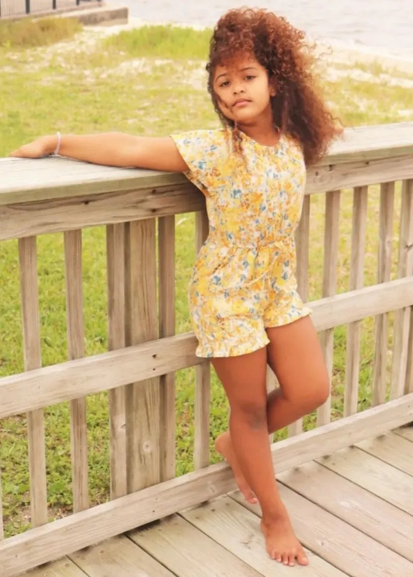 Hayden Los Angeles - Girls Floral Print Flutter Sleeve Ruffled Romper in Yellow