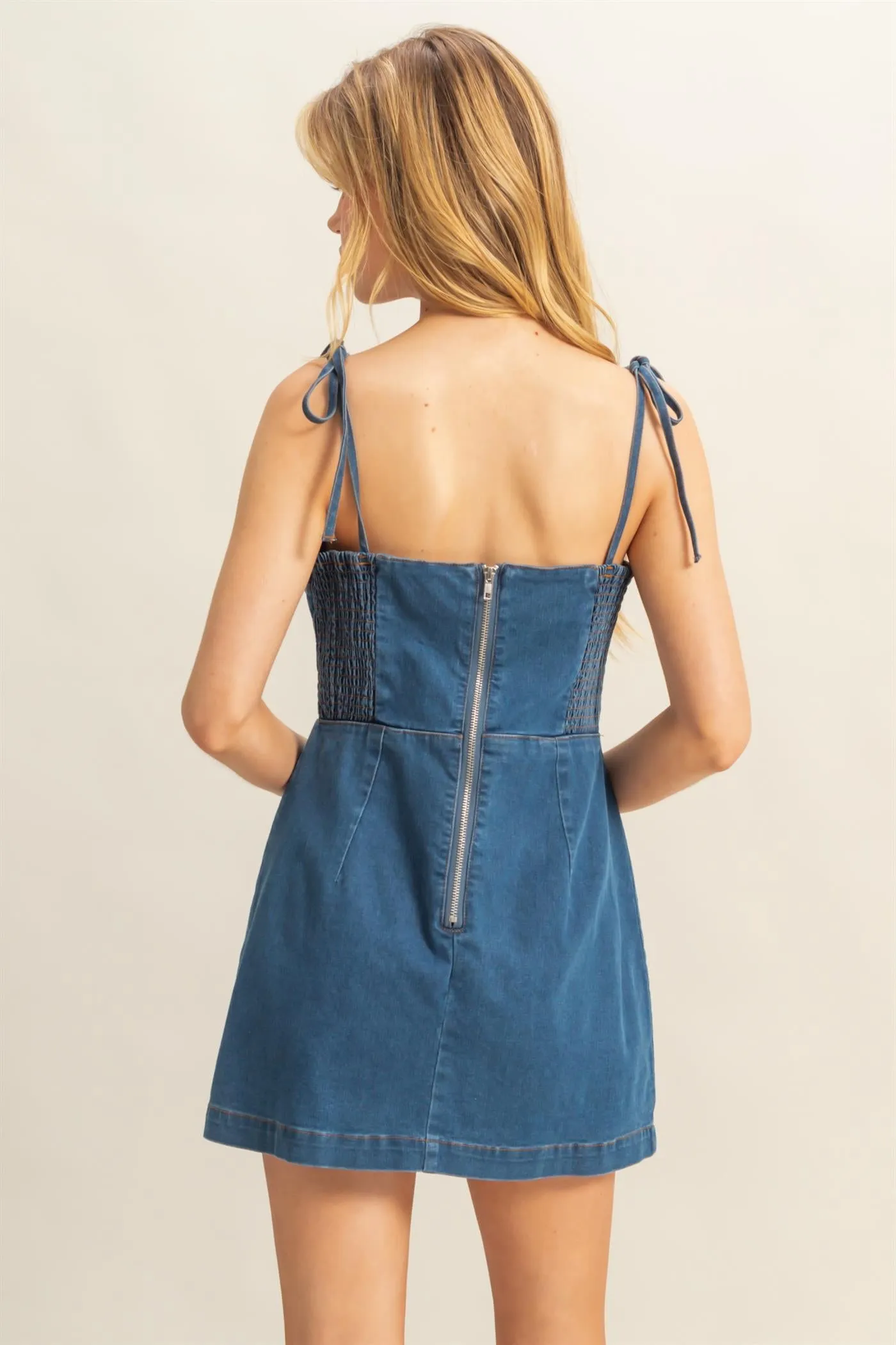 HF25E003-Washed Denim  Self-Tie Strap Romper