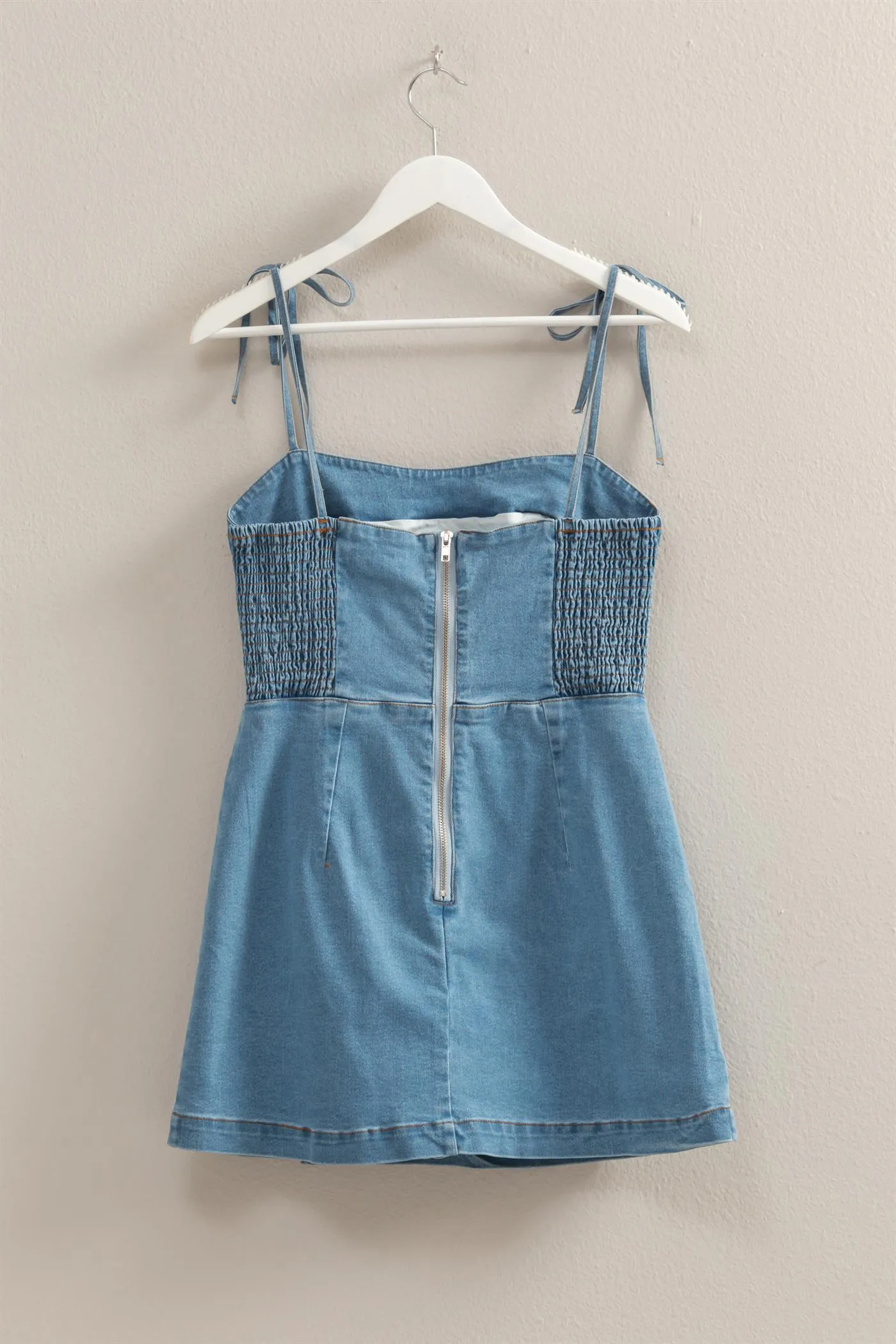 HF25E003-Washed Denim  Self-Tie Strap Romper