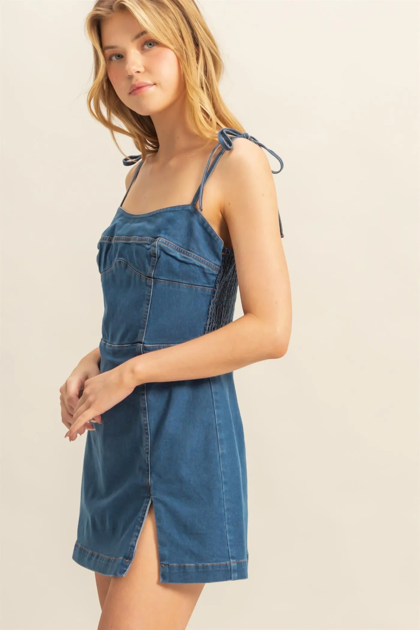 HF25E003-Washed Denim  Self-Tie Strap Romper