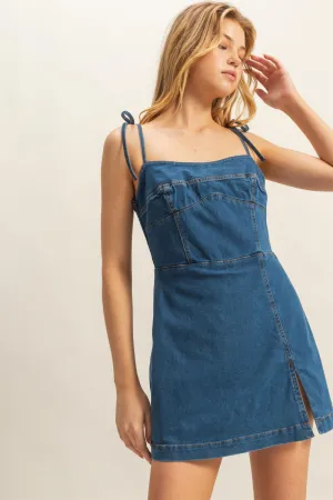 HF25E003-Washed Denim  Self-Tie Strap Romper