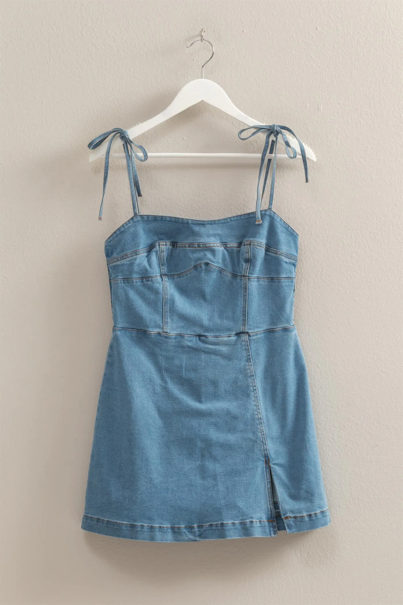 HF25E003-Washed Denim  Self-Tie Strap Romper
