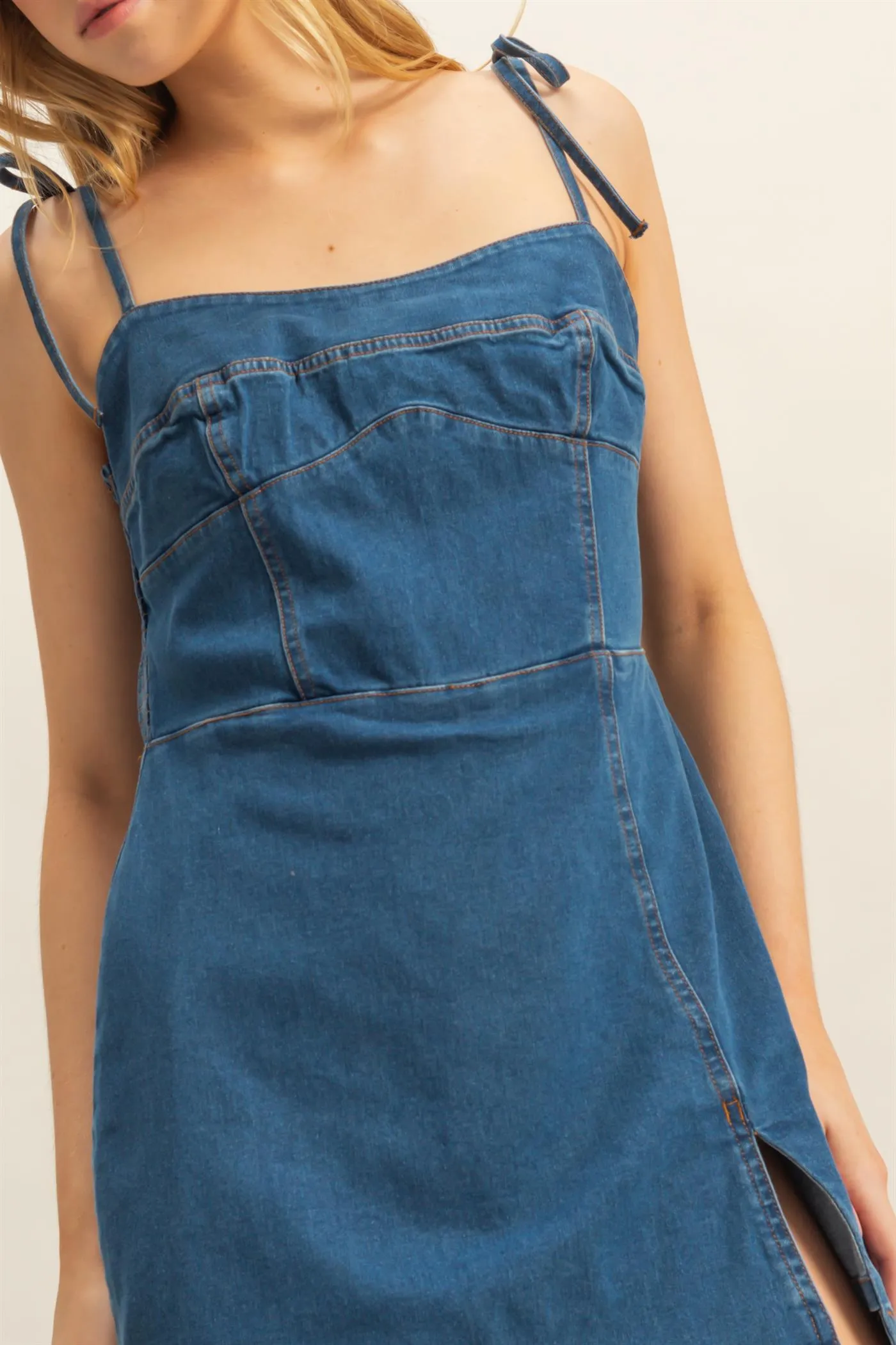 HF25E003-Washed Denim  Self-Tie Strap Romper