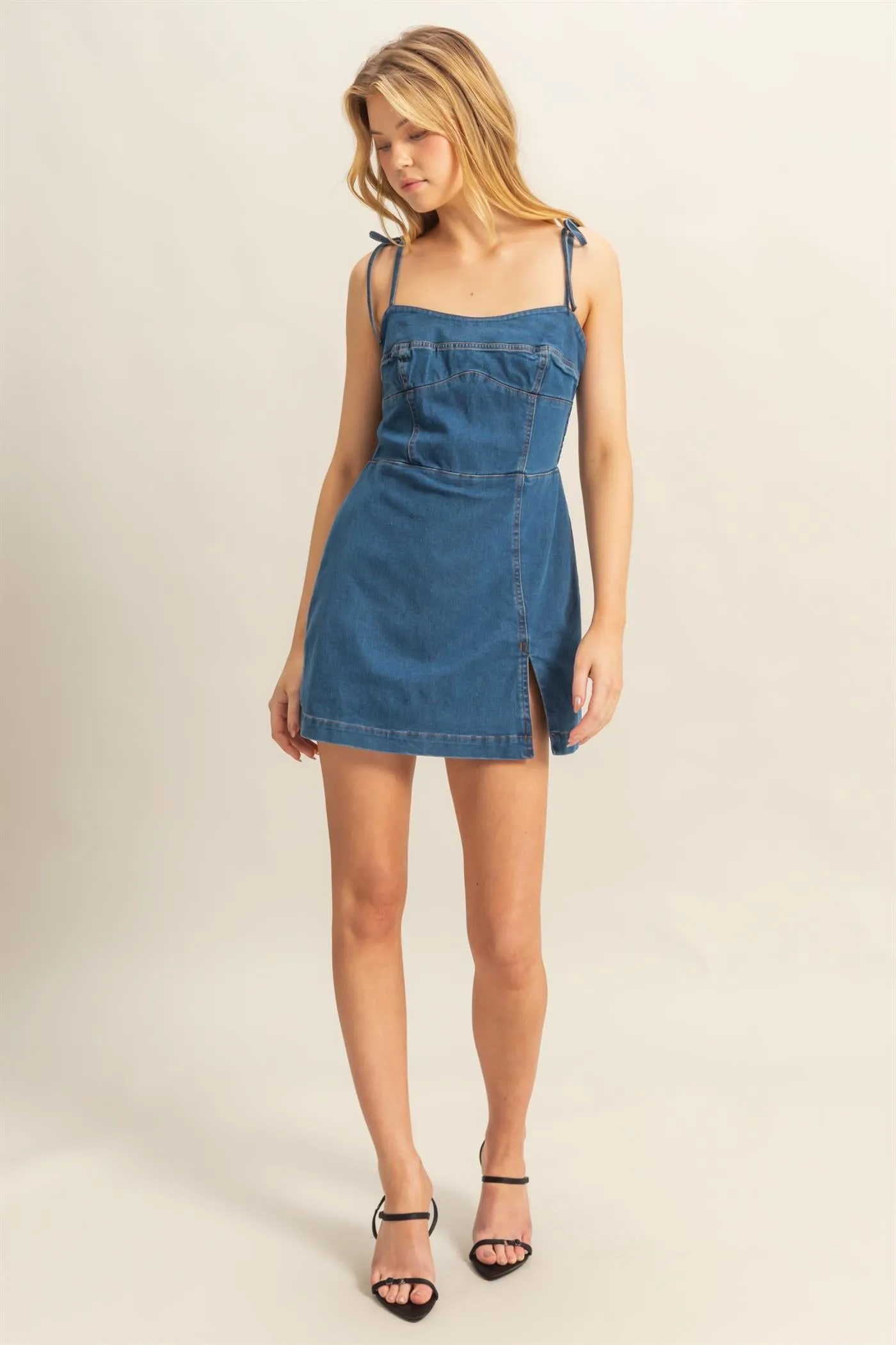 HF25E003-Washed Denim  Self-Tie Strap Romper