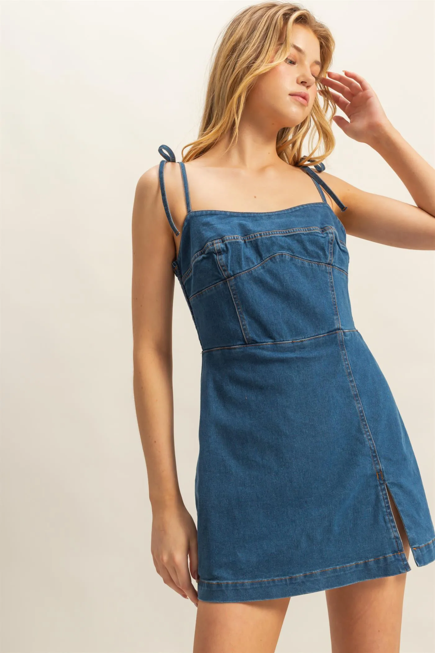 HF25E003-Washed Denim  Self-Tie Strap Romper