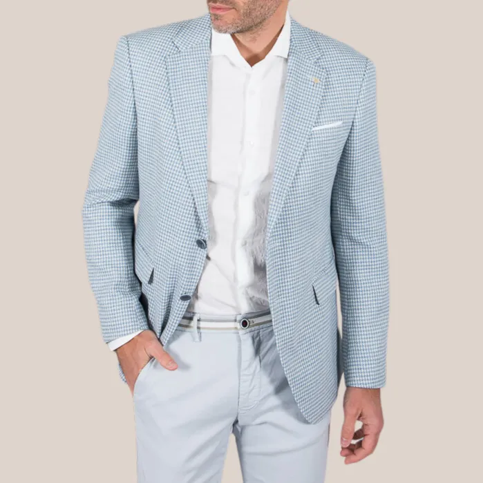 Houndstooth Cotton / Linen Blazer - Light Blue