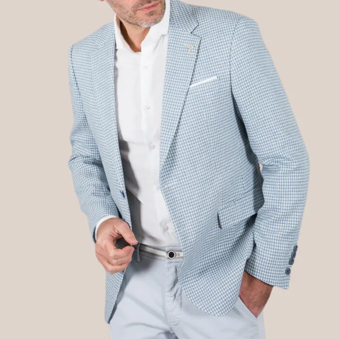 Houndstooth Cotton / Linen Blazer - Light Blue