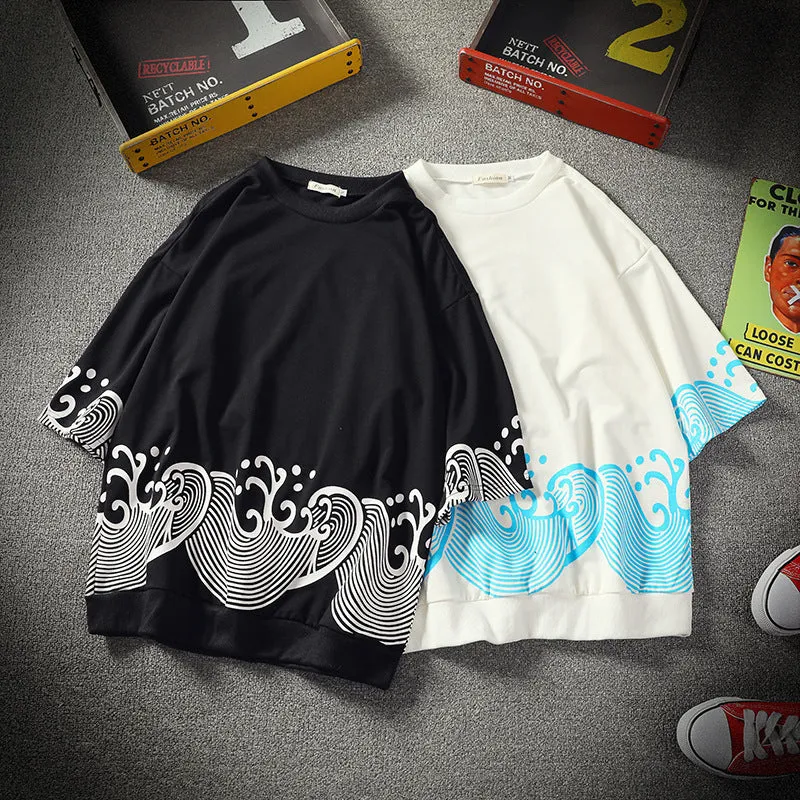 Japanese Wave-Print Oversized T-Shirt