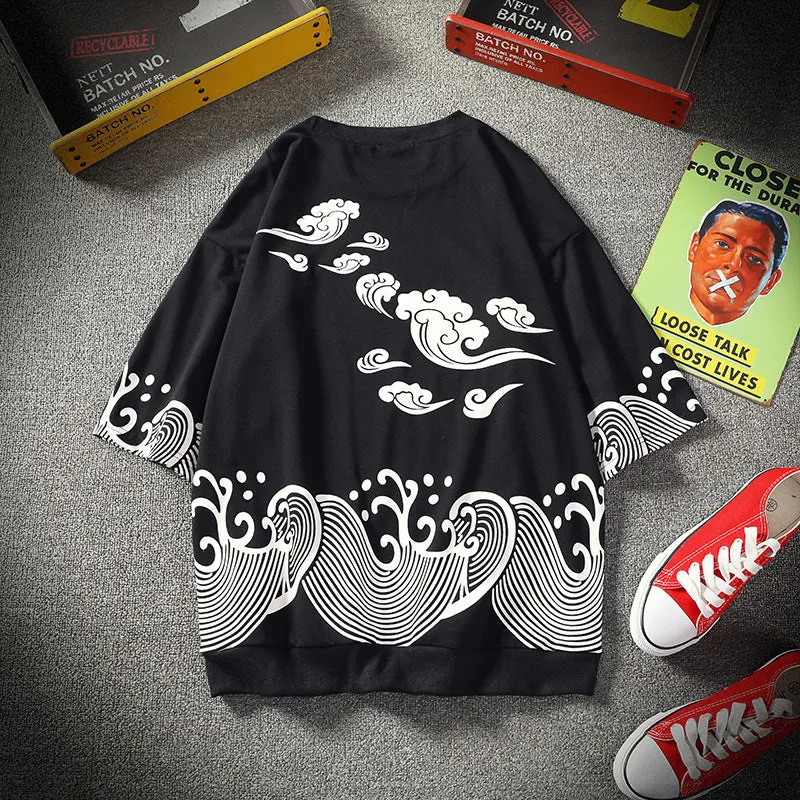 Japanese Wave-Print Oversized T-Shirt