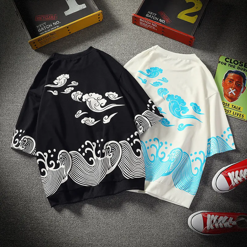Japanese Wave-Print Oversized T-Shirt
