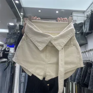 Korean Vintage Style Light Apricot V-Collar Design Slimming Hot Pants, Trendy Cool Chic Denim Shorts for Women