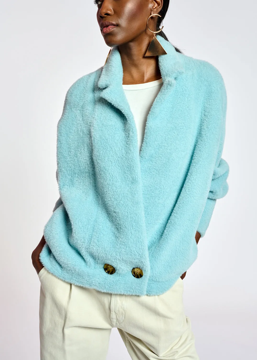 Light blue fuzzy knitted jacket
