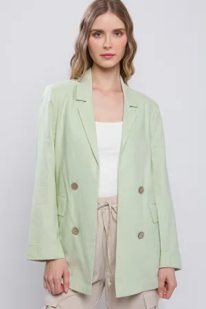 Light Green Classic Slip Pockets Linen Blazer