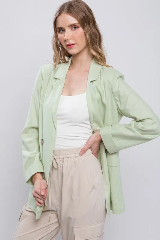 Light Green Classic Slip Pockets Linen Blazer