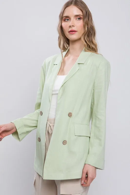 Light Green Classic Slip Pockets Linen Blazer