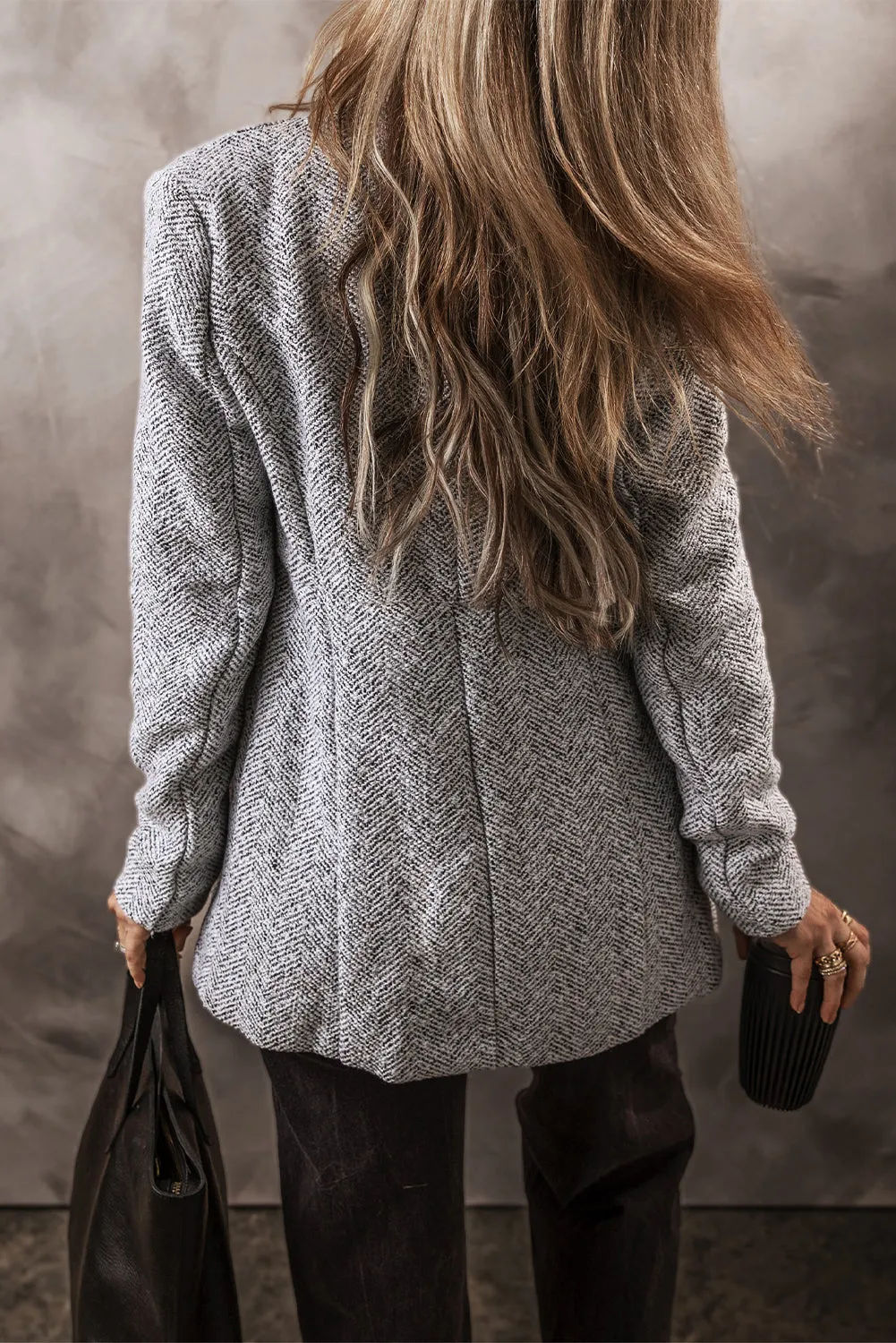 Light Grey Lapel Collar Long Jacket with Pockete Blazer