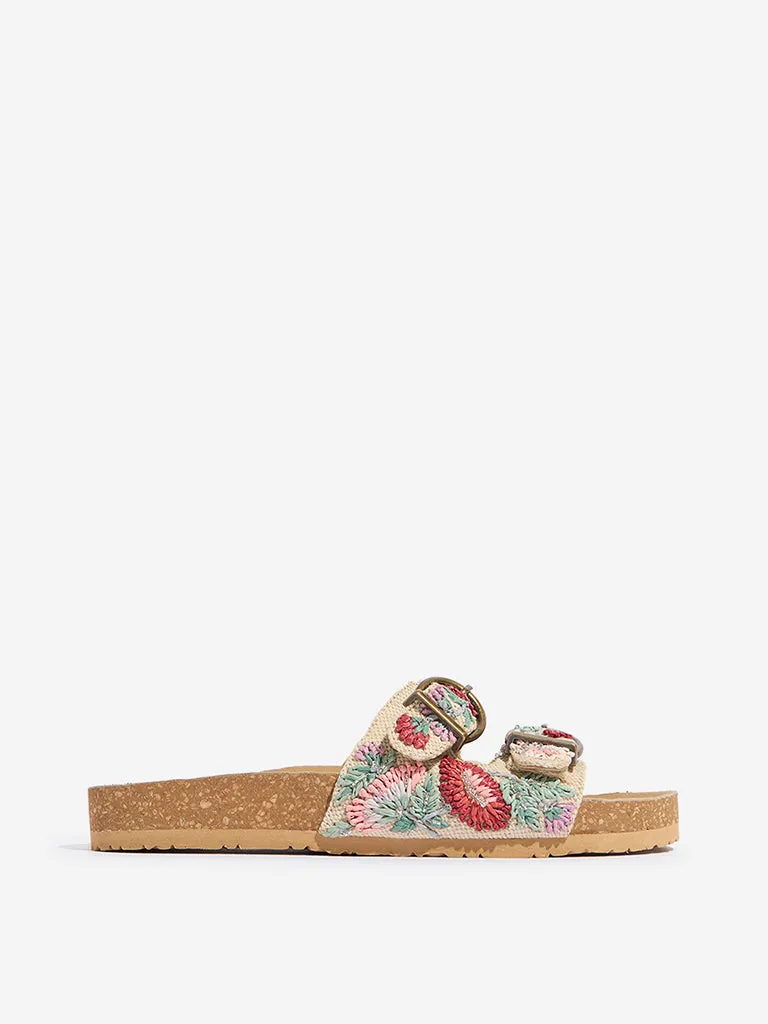 LUNA BLU Pink Floral Embroidered Slip-On Sandals