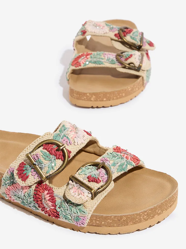 LUNA BLU Pink Floral Embroidered Slip-On Sandals