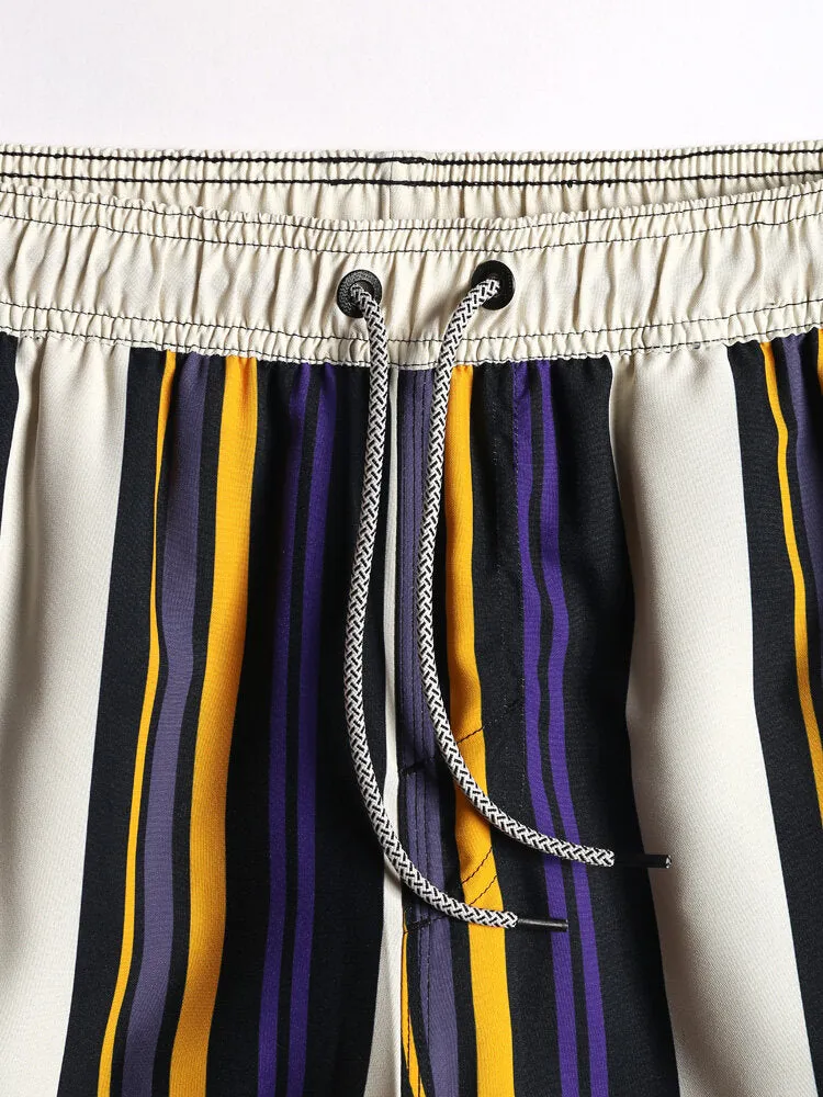Men's Multi-Color Stripe Quick-Dry Drawstring Beach Shorts